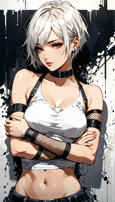 in style of Russ Mills,
1girl,A prosthetic with a heavy right arm,arm wrap,fishnet armwear,locked arms,White short hair,Short hair,