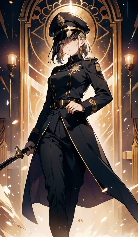 ((Big Breasts)),beautiful, masterpiece, Best Quality,The image depicts a 19th century military officer in a sharp black uniform. The uniform is adorned with elaborate gold embroidery, epaulettes and polished buttons, all symbols of rank and authority. The ...