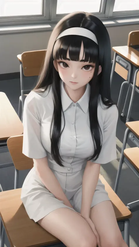 masterpiece, best quality, 1girl, solo, sitting, tomie, hairband, blunt bangs, classroom, textbook, school desk, (mole under eye...