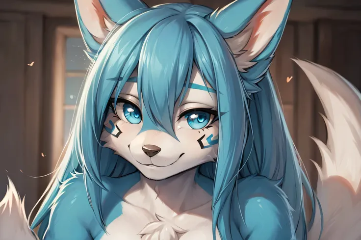 1 girl, Miku Hatsune, anthropo furry:1.3, snout:1.2, anthropo:1.3, furry:1.2, close up:1.2, lonely woman:1.2, squinting eyes, Satisfied smile), add high definition_Detail:1, blue fur,kitsune ears, tribal tattoo add_Detail:1, closeup only face, blue pupil, ...