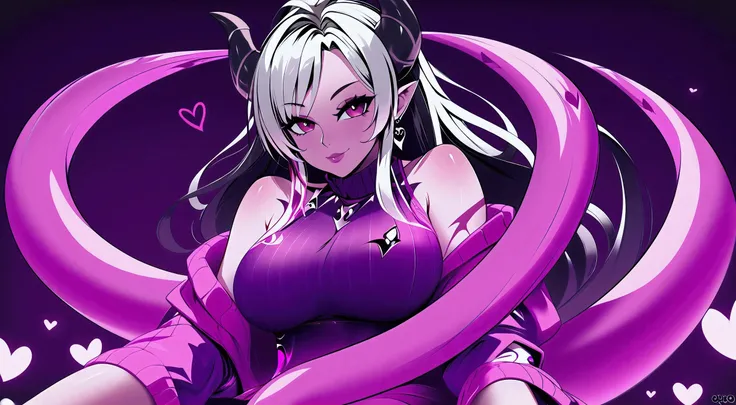 ((Best Quality)), ((masterpiece)), (detailed), 1 girl, long white hair, black horns, red eyes with hearts, big breasts, big thighs, black succubus tail, seductive smile, oversized red sweater showing shoulders, shorts negro, at home