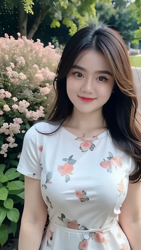 Draw lips correctly, red lipstick, from chest up, best quality, super detailed, lifelike, Ultra-fine skin, perfect anatomy, (1 Japanese Mature woman), (alone)，Wear floral green high-end round neck dress，short sleeves，wavy long hair，27-year-old woman，Mature...