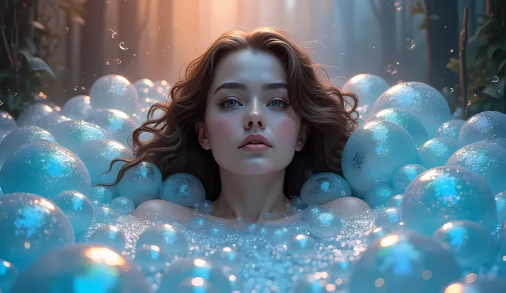 fantasy art, a woman sitting in a bubble bath the bubbles are rainbow colored, the bubbles cover her entire body, only the head ...