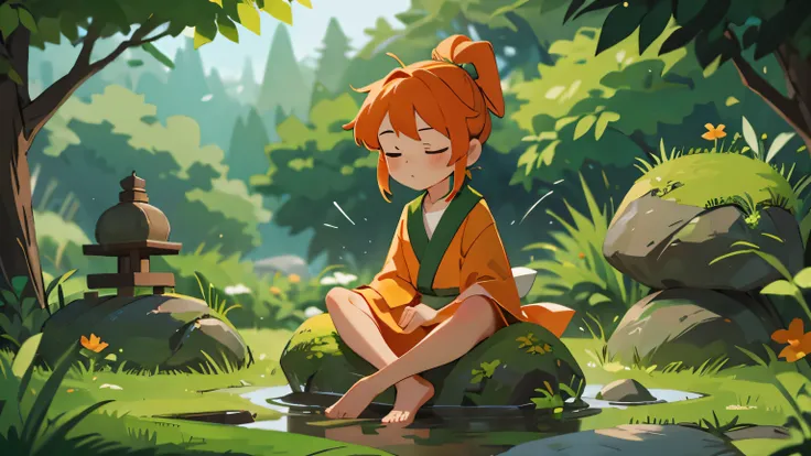 nature-themed zen garden. cute girl, orange ponytail, green robes, very far away, meditating#