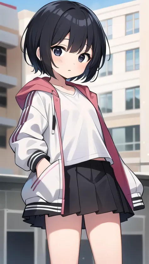 Black hair, short cut, kind face, modest personality, round head, sagging eyes, droopy eyes, girl, elementary school student, a little thin, jacket too big, white jacket, white T-shirt, pink miniskirt, black hair, bangs A little short, black eyes,flat ches...