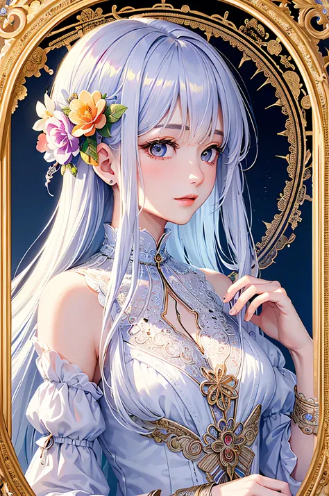 (masterpiece、Best Quality、Best Quality、Beautiful aesthetic:1.2)、(1 Female:1.3)、(Fractal Art:1.3)、Delicate lace clothing、Round Picture Frame、Flowers and Gemstones、Platinum hair ornament、Geometric patterns、Colorful Hair、profile、Face is close