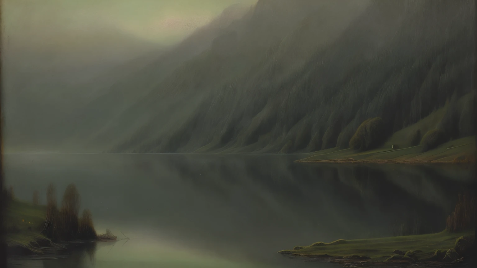 ancient landscape, ((nobody)) vintage victorian style, Accurate ancient encyclopedia (Better quality:1.2), (DETAILED:1.2), (masterpiece:1.2), old illustrations of a calm lake, Luz outfit, fog on the lake, evening Luz outfit, Dark green tones, darkness