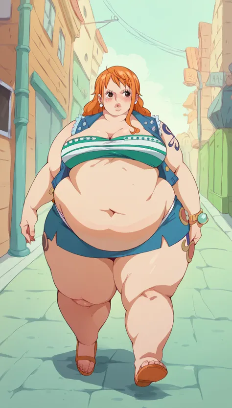 chubby, fat, obese, woman, jacket, tube top, mini skirt, white thong, blush, walking in street , big lips, orange hair, nami , o...