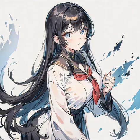 (Best Quality, Super Fine, 8k, Very detailed)Black Hair Semi-Long, Bangs, Long sleeve sailor suit, Moderately busty, Pure white background
