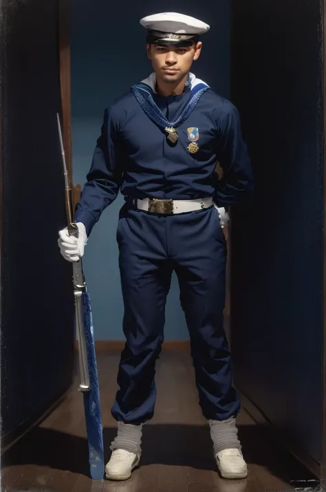 Blue parade uniform, male: Brazilian Sailor
Dark blue pants, white shirt, white hat, black belt, decorations, badges, weapons equipment, dark blue jacket, sailor collar, dark blue arm insignia, sailor scarf, white gloves, medals, black socks, nameplate, ga...