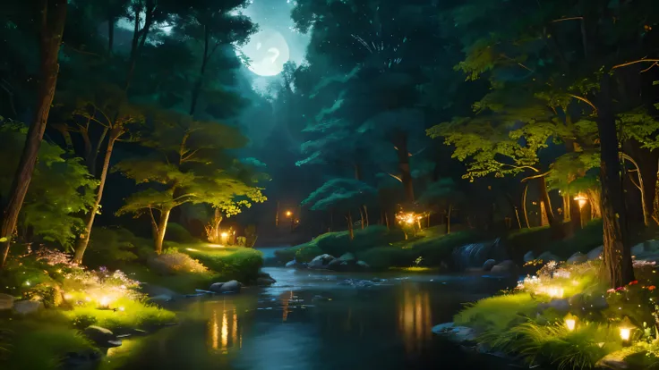 forest、evening、full moon、A stream flows、Beautiful flowers々is in full bloom、Fantasy、A soothing and sleep-inducing atmosphere、Mysterious、You can see the starry sky、firefly、Beautiful small flower、Painterly、Cinematic、Cinematic、High image quality、8k。