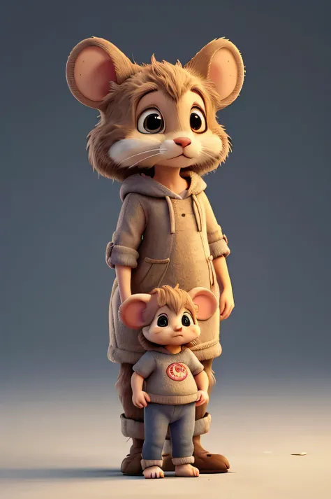 Mother and child mouse are sad by standing, standing straight in simple clothes, soft fur, small ears, calm expression, junk background