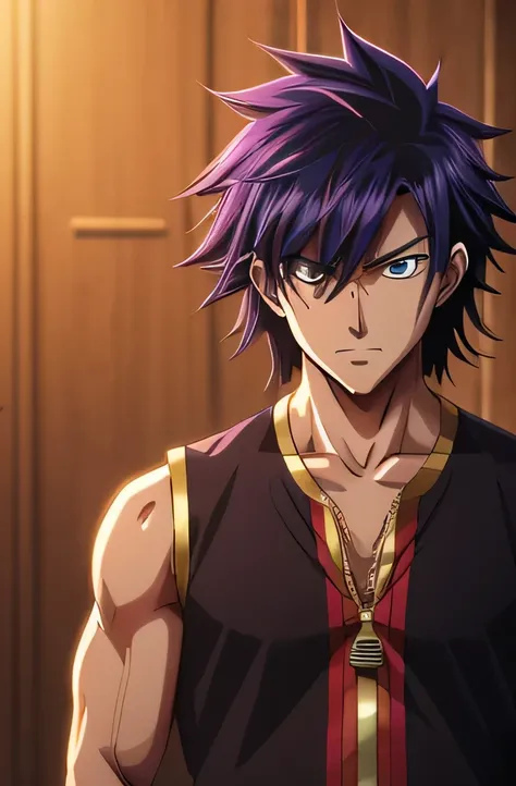 Atem, 1boy, egyptian clothes, eye of horus, jewelry, dark-skinned male, multicolored hair, spiked hair, purple eyes, handsome, perfect hands, muscular, adult male, solo, masterpiece, best quality, 8k, anime, cartoon, 2d ,