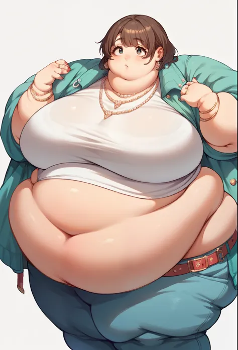 Curvy anime girl, overweight fat girl, cute anime girl, beautiful chubby anime girl, big belly, huge very big gigantic breasts, wide hips, curvy butt, stomach rolls, stomach bulge, fashionable, cool clothes, fun clothes, fashion, accessories, jacket, jewel...