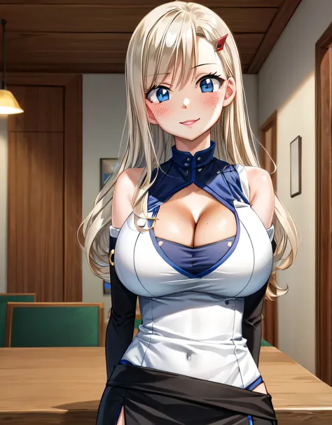 hmrb,cleavage,long hair,hairclip,white shirt,sleeveless,detached sleeves,miniskirt,black skirt,smile,blush,lips,indoor room,blue...