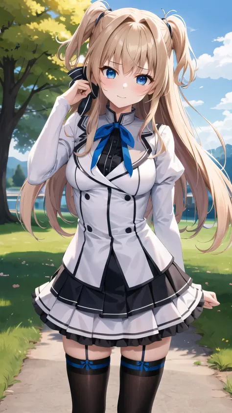 masterpiece, best quality, highres, 1girl, solo, long hair, blonde hair, two side up, (hair ribbon:1.1), blue eyes, neck ribbon, school uniform, white jacket, juliet sleeves, long sleeves, white skirt, thigh ribbon, black thighhighs, outdoors, cowboy shot,...