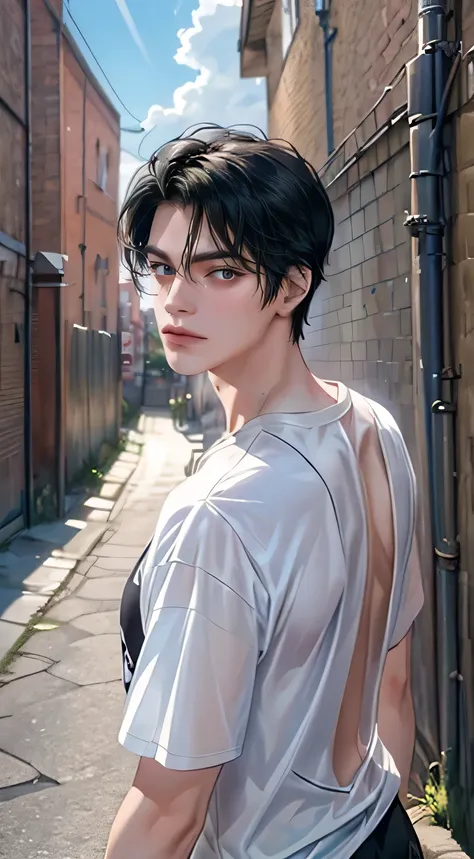 ((4K works))、​masterpiece、(top-quality)、One Beautiful Boy、Slim body、tall、((Attractive street style in transparent white tee))、(Detailed beautiful eyes feminine features on face)、You can see a beautiful collarbone、Fantastic Britain、Back alley in the daytime...