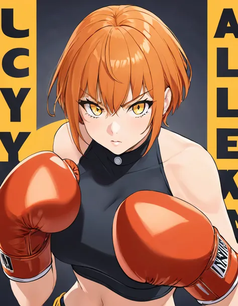 A mature woman with a sharp style, Short orange hair and yellow eyes、Boxer clothes、Boxing gloves