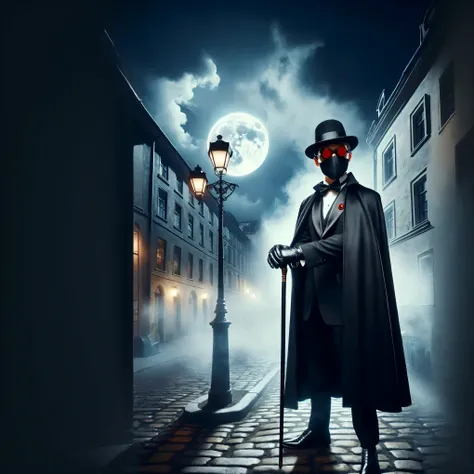 there is a man in a black cloak and hat standing on a street, mysterious man, jack the ripper, the plague doctor, plague doctor, the mysterious stranger, stylized urban fantasy artwork, he is traversing a shadowy city, elegant victorian vampire, handsome m...