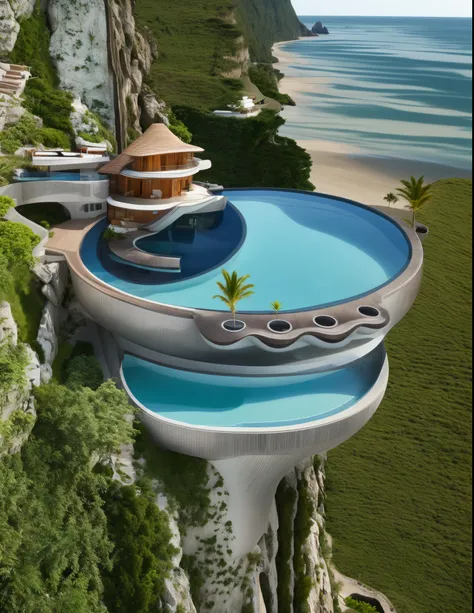 realistic cliff side on bowl shaped residence . Big hut shaped House huge hut shaped house at center, realistic. Banana trees, swimming pool