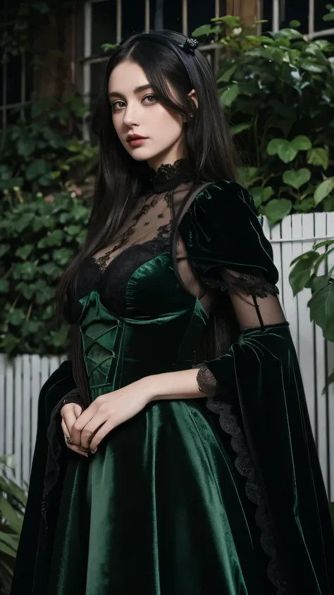 Gothic girl in green velvet dress, black lace, makeup, black manicure, against the backdrop of an old Victorian greenhouse