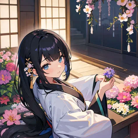 (Best Quality, Super Fine, 8k, Very detailed)Black Hair Semi-Long, Bangs, Moderately busty, seiza, Blue long sleeve kimono, She is arranging flowers., Japanese style room background
