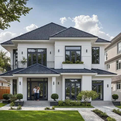 (masterpiece:1.2), best quality, photo of A two-story modern house with white walls and dark gray tiles on the roof., tree and plant, streetcapes, natural light, The exterior of an elegant single family home features large windows, a dark gray door frame.