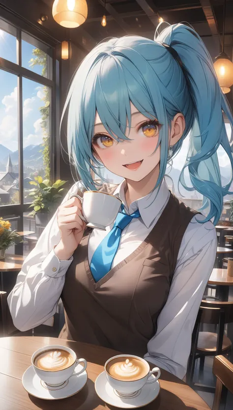 1girl, solo, looking at viewer, blush, smile, open mouth, long sleeves, hair between eyes, medium breasts, blue hair, white shirt, upper body, yellow eyes, sidelocks, :d, necktie, collared shirt, day, indoors, medium hair, side ponytail, window, aqua hair,...