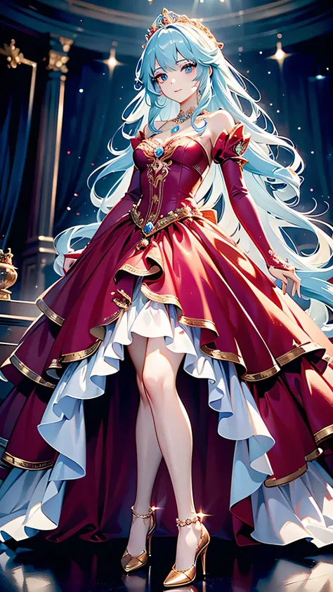 (Princess in a red rococo ball gown:1.3),laughing, dancing, looking at viewer, absurdly long hair, drill hair, shiny hair, gradient hair, vibrant colors, aqua eyes, eyes open, shiny skin, detailed skin, pale skin, detailed face, tall, glamorous, leggy, pie...