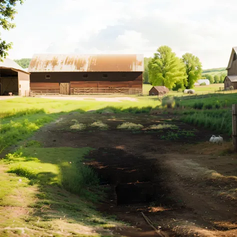 Grassland next to the barn, Photo real, Next to the farm house and barn, soft film tone mapping, Disturbing photos, Barn in the background,  Pinhole camera effect