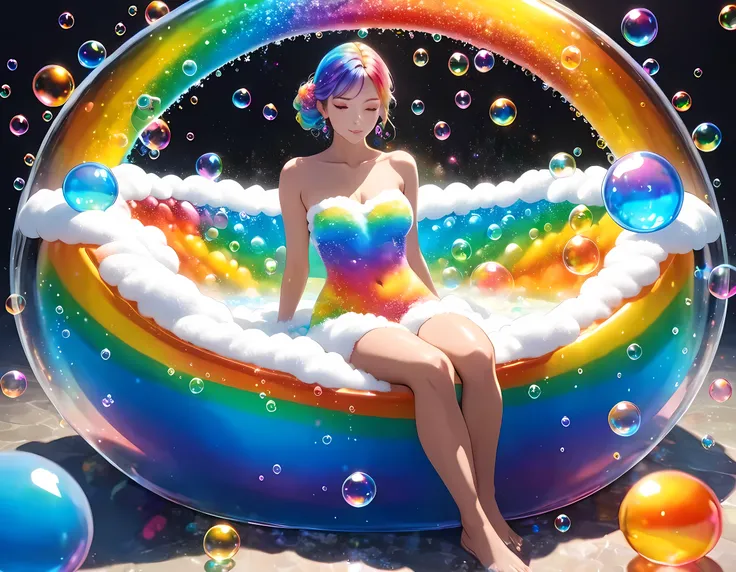 fantasy art, a woman sitting in a bubble bath the bubbles are rainbow colored, the (foams bubbles: 1.3) cover her entire body, only the head is visible, rainbow highlights, ral-czmcrnbw