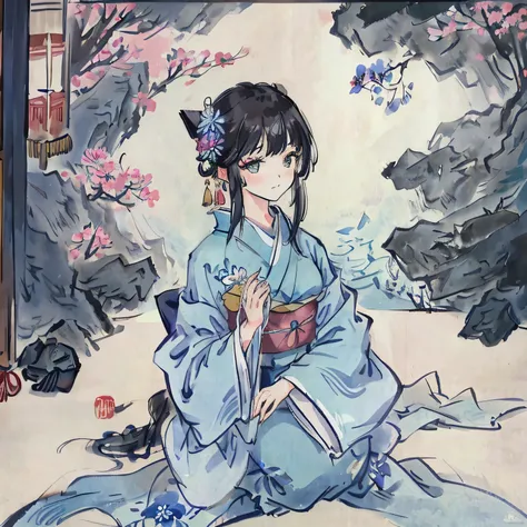 (Best Quality, Super Fine, 8k, Very detailed)Black Hair Semi-Long, Bangs, Moderately busty, seiza, Blue long sleeve kimono, She is arranging flowers., Japanese style room background
