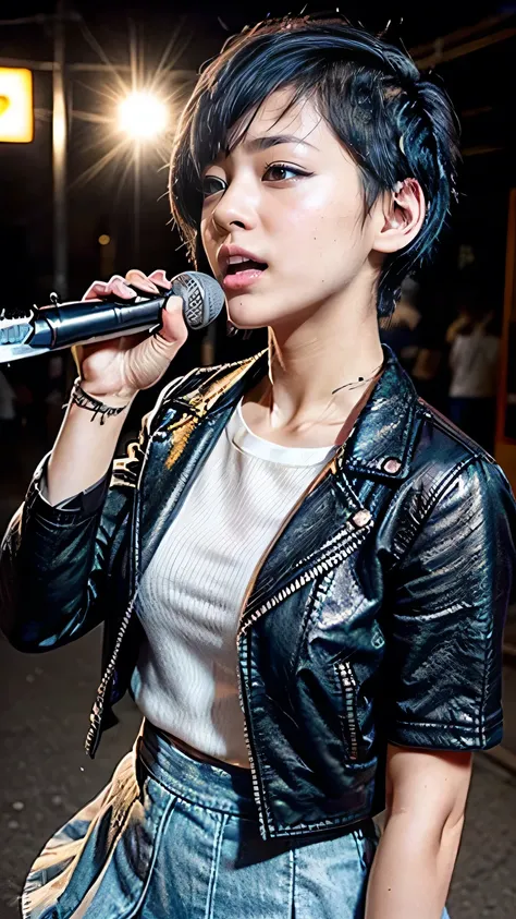  (Blue inner color hair、((Very Very Short Hair:1.5、Cecil Cut:1.5))、boyish:1.3)、View from below:1.5、(Tokyo Street、Street Performance、Singing、Singing passionately)、(Realistic、As shown in the picture、live-action、8k, Realistic, RAW Photos, Highest quality: 1.4...