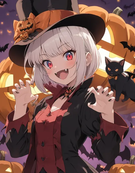 1 girl, (anime style), (close), (Dracula), (Pink Cheeks), (Sharp fangs), white Hair, Smile, (Short Bob Hair:1.4), red eyes, top hat, (claw pose), ((Draculas Costume)), Bats fly, (Halloween Pumpkin Objects Background)