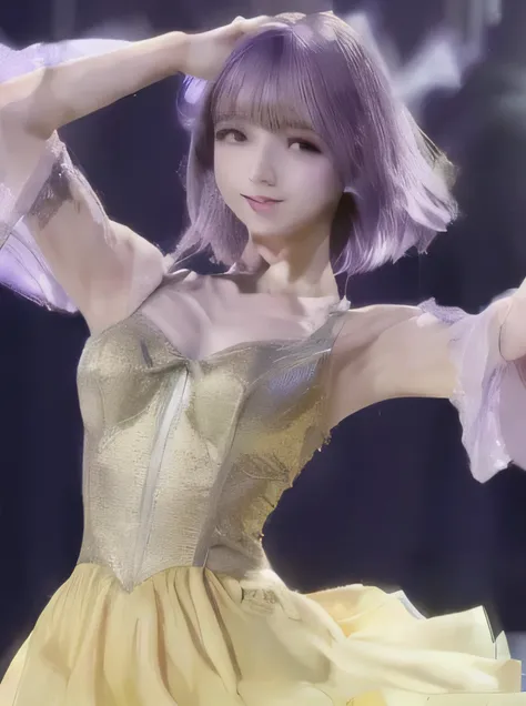 soght purple hair。Medium length hair fluttering in the wind。Idol。150cm。Dancing on stage。Fluttering yellow costume、The image shows realistic skin texture、High resolution、Anatomically correct details。The photos are in a realistic and high-quality style、Shoot...