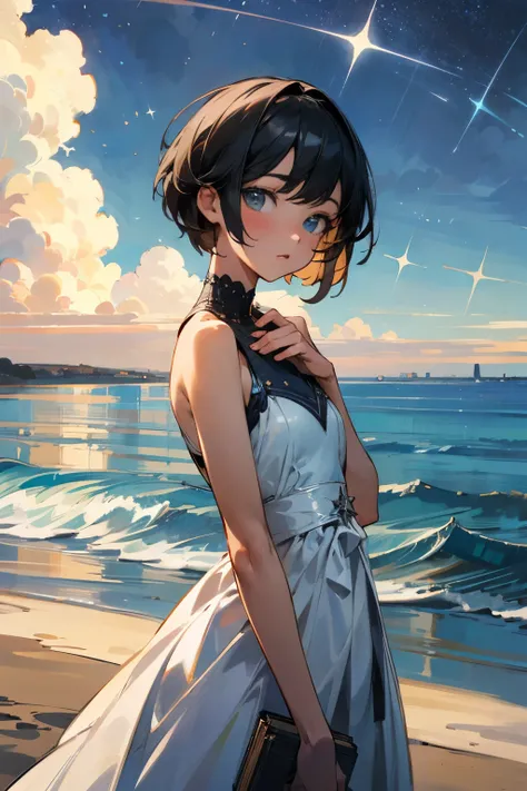 best quality,highly detailed,masterpiece,ultra-detailed,illustration,student,{highres},{solo},{artbook},{short hair},{black hair},{evening dress},{seaside},{day},{stars}