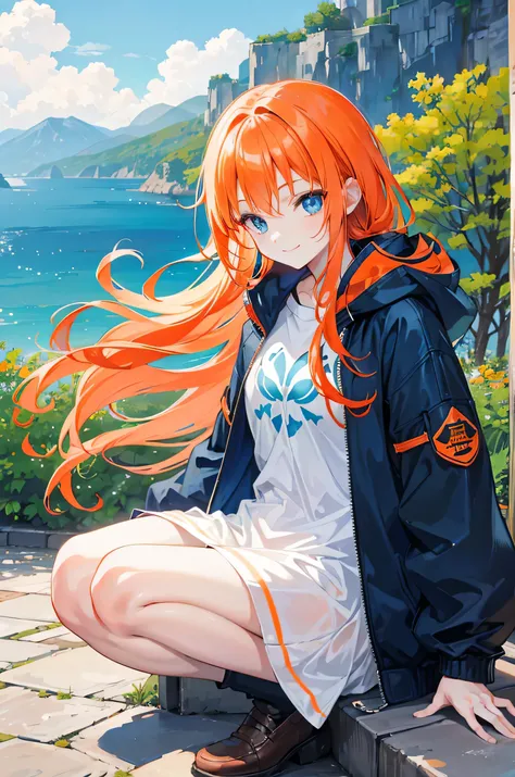 Orange hair, blue eyes, long hair, young girl, casual wear, jacket, young girl, smile face, beautiful natural scenery