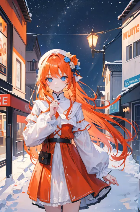 Orange hair, blue eyes, long hair, young girl, dressed like a doll young girl, not smile, city in the dark with snow