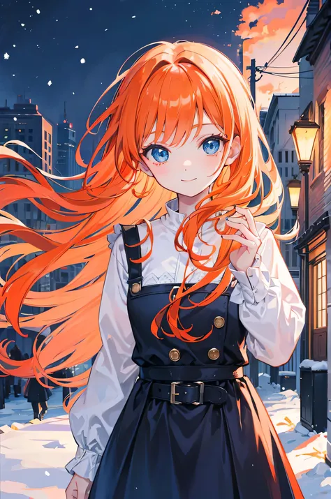 Orange hair, blue eyes, long hair, young girl, dressed like a doll young girl, smile, city in the dark with snow