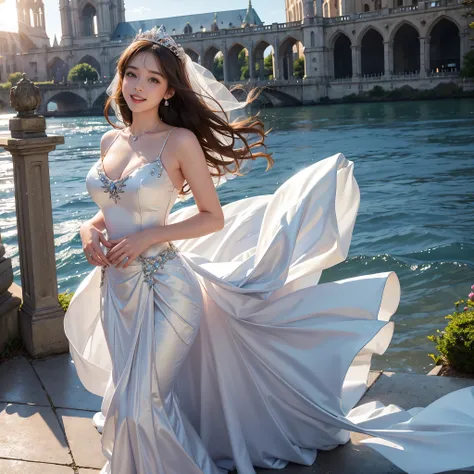 Best quality, masterpiece, 1 girl, A huge laugh, cute teen, Shining lips, sweetish, Sun glare, Conservative dress, Mermaid Wedding Dress, bridal veil, Bridal Tiara, Depth of field, Blurry background, Cathedral background, light particles, strong wind, Tilt...