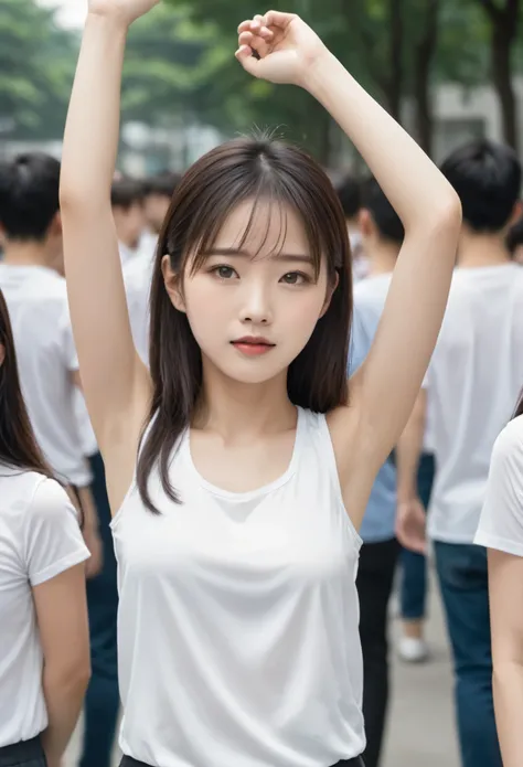 A female junior high school student, ethnic Chinese, slim and athletic body, wearing a very tight white shirt that is sleeveless, raised both hands to show his armpits, standing in front of many people who were looking at him, his face is gloomy