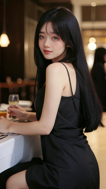 (realistic:1.2), best quality,
1girl , 
black dress, 
long hair, 
at the restaurant, 
smile, 
 