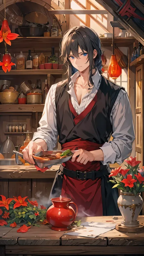 [[[ ultra-detailed, best quality, soft skin, beautiful face, masterpiece, close-up, medieval setting, anime]]] A picture of the tavern where a ((male tavern)) keeper is wiping the table while a flowerpot of a red lily is by his side 