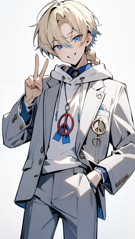 {{masterpiece}}, ,Attention to detail、One Man、18 years old、Blonde Hair、Short Hair、Braided ponytail、((Perfect Blue Eyes)),((White background)),from front、Cowboy Shot、((A plain white hoodie))、Grey blazer、Grey slacks、smile、Peace sign