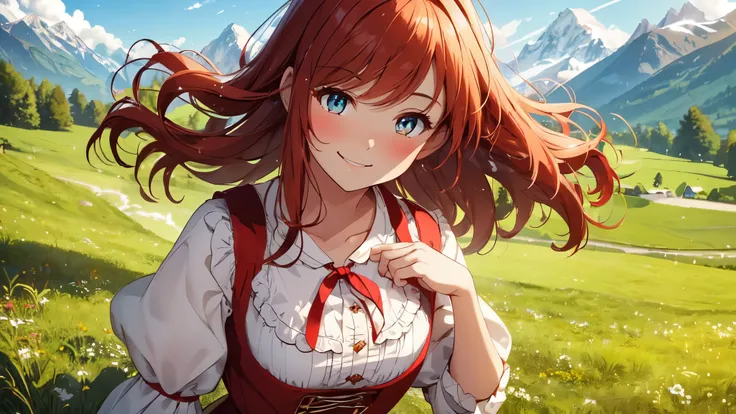 (High quality, High resolution, Fine details), standing in a lush green meadow with mountains in the background, sunlight streaming through the scene, traditional red dirndl dress, solo, flat chested young girl, long red hair, sparkling eyes, (Detailed eye...