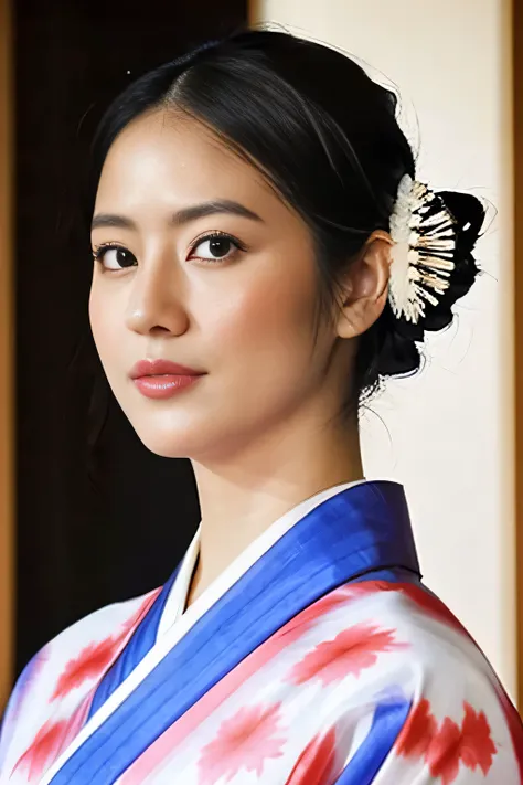 A gorgeously decorated maiko,She is a very elegant and beautiful 25-year-old woman.,Her Japanese hairstyle is lavishly decorated,Red and white traditional kimono