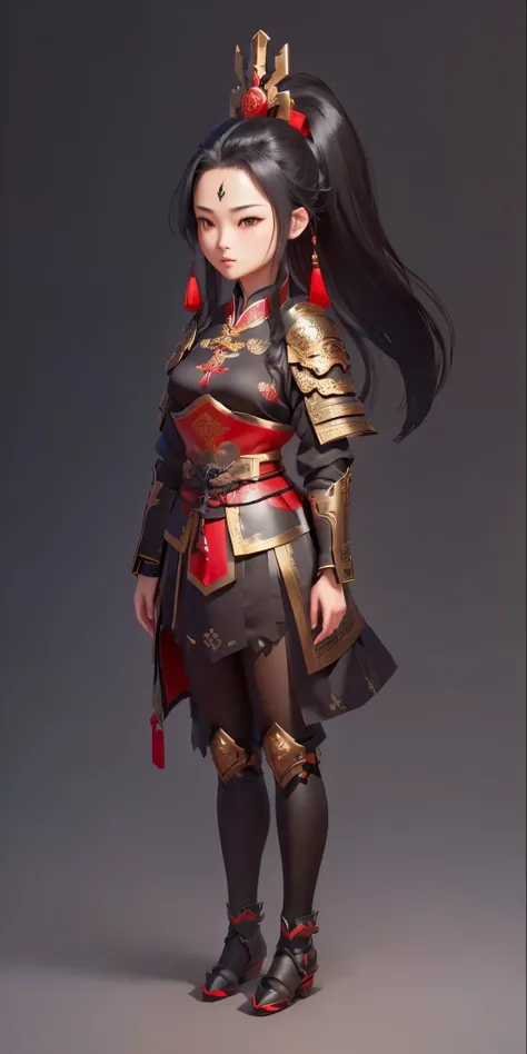 A girl，身穿铠甲的Female General，Black hair，Dark armor，Red cloth，Chinese armor，Scale Armor，Metal animal head decoration on the shoulders，Traditional Chinese armor，Black pants，Character Concept，Concept Art，Clear edges，Ultra high resolution，Female General，Game Cha...