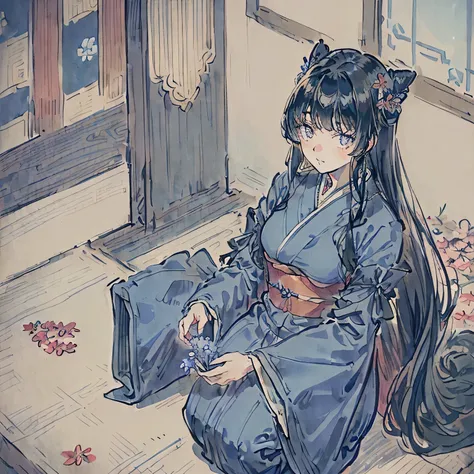 (her long sleeves:1.3, her overly too long sleeves:1.3, her sleeves past fingers:1.3, her sleeves past wrists:1.3),Best Quality,Super Fine,8k,Very detailed,Black Hair,Semi-long,Bangs,Moderately busty,(seiza,Blue kimono,She is arranging flowers.),Japanese s...