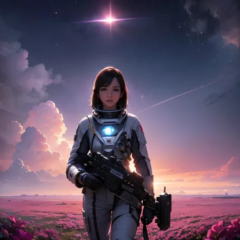 Female astronaut walking through a sea of flowers with pink clouds floating, Futuristic sci-fi environment, Detailed space suit, Glowing Visor, Calm mood, Amazing alien landscapes, Bioluminescent Plants, Mysterious pink clouds, Breathtaking scale, sense of...