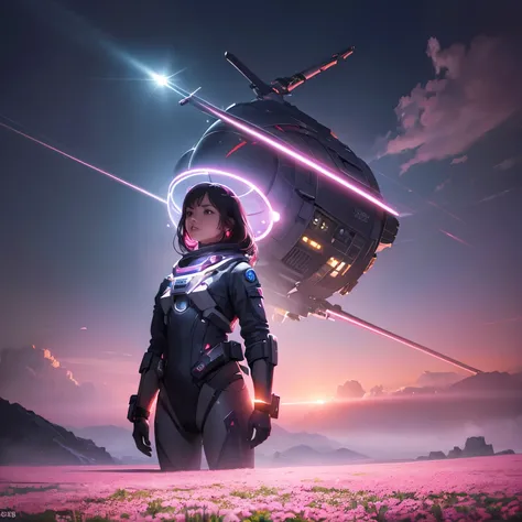 Female astronaut walking through a sea of flowers with pink clouds floating, Futuristic sci-fi environment, Detailed space suit, Glowing Visor, Calm mood, Amazing alien landscapes, Bioluminescent Plants, Mysterious pink clouds, Breathtaking scale, sense of...